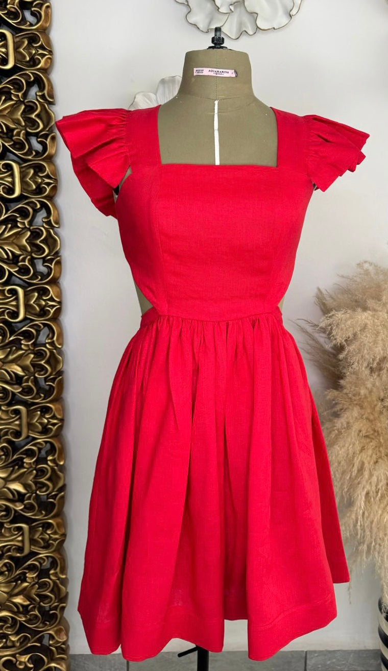 Vestido rojo con manga de volantes 100% lino