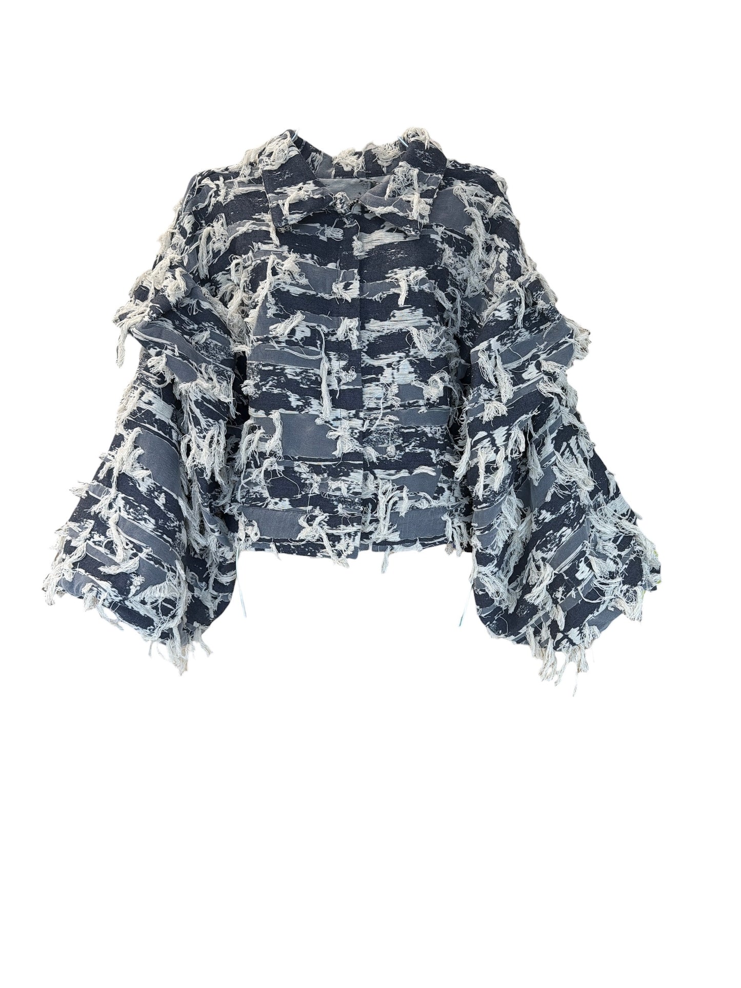 Chamarra deshilada manga bombacha cuello normal | Denim Claro|