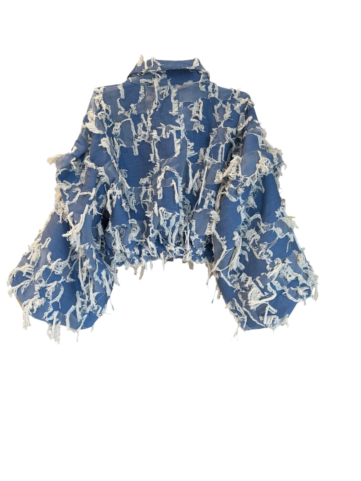 Chamarra deshilada manga bombacha cuello normal | Denim Claro|