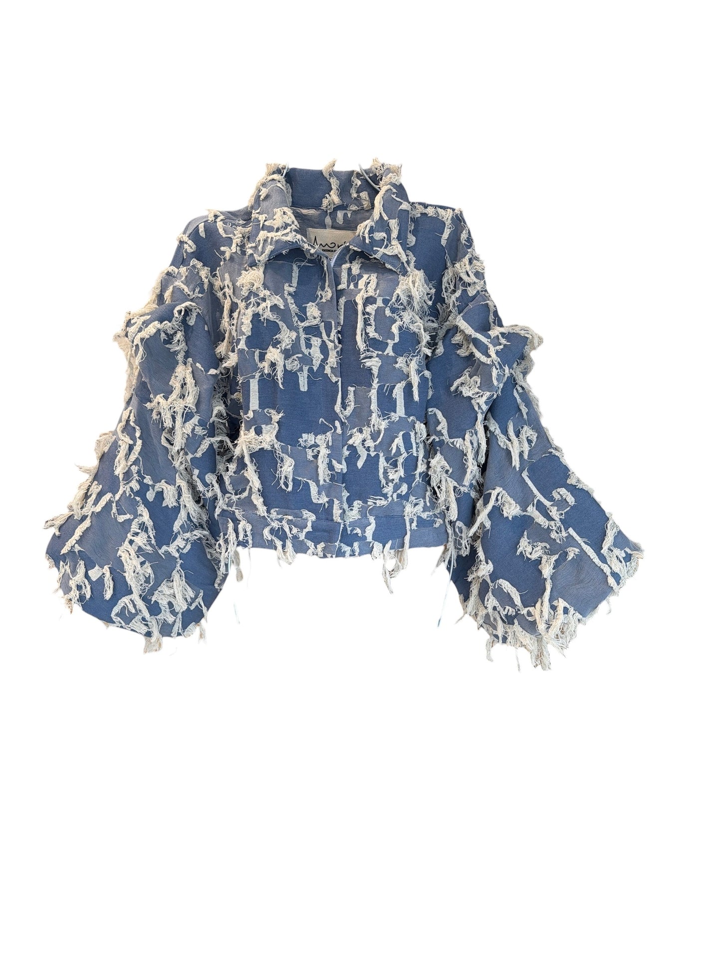 Chamarra deshilada manga bombacha cuello normal | Denim Claro|