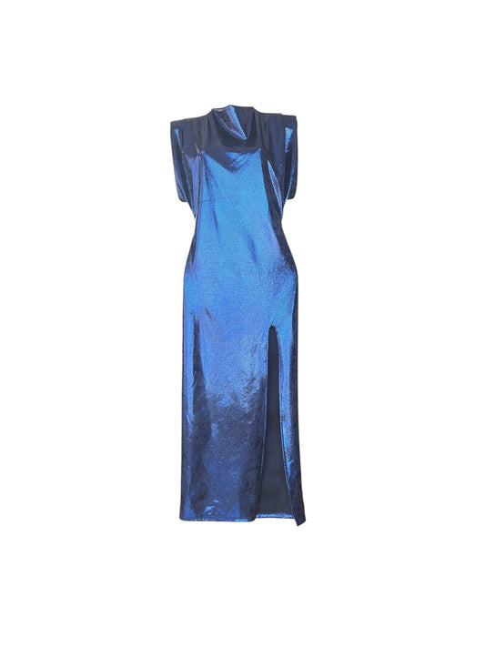Vestido regina cocodrilo metálico azul LARGO